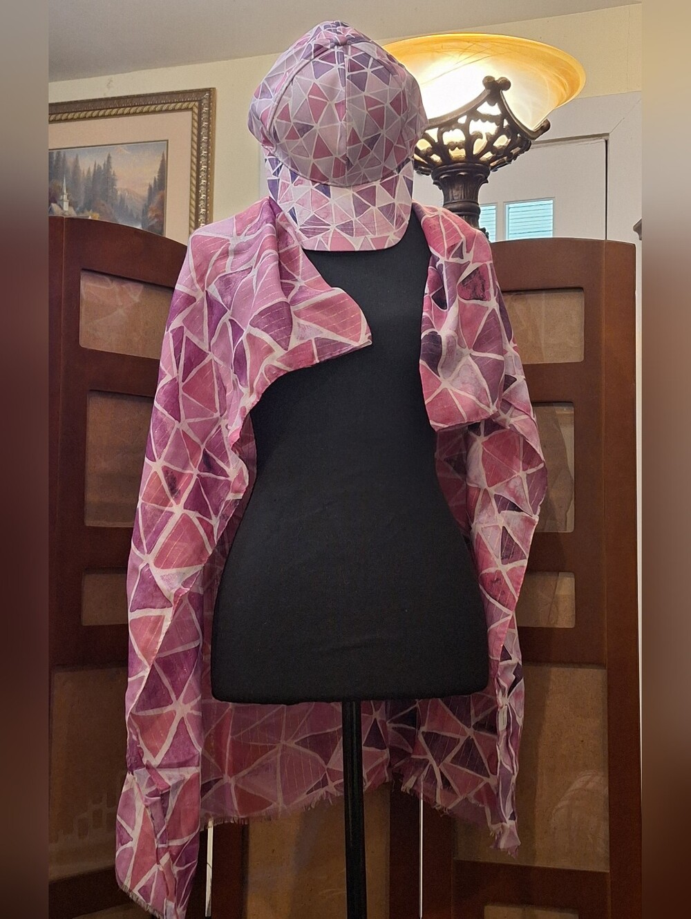 Geometric Pink-Purple Scarf and Cap Set